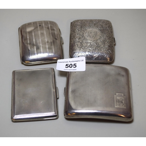 505 - Group of four various engraved and engine turned silver cigarette cases, three English for 1934, 192... 