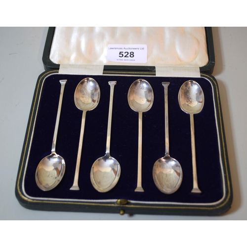 528 - Cased set of six Sheffield silver seal top coffee spoons