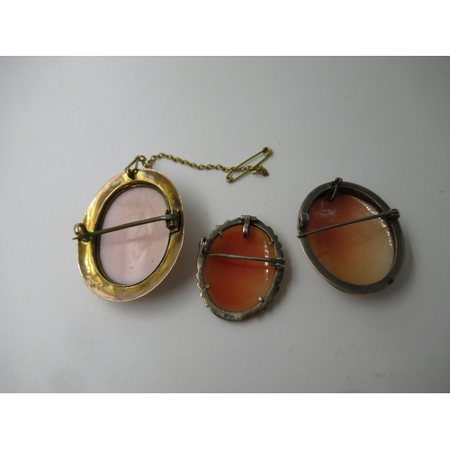 591 - 9ct Gold mounted shell cameo brooch, together with two other small shell cameo brooches