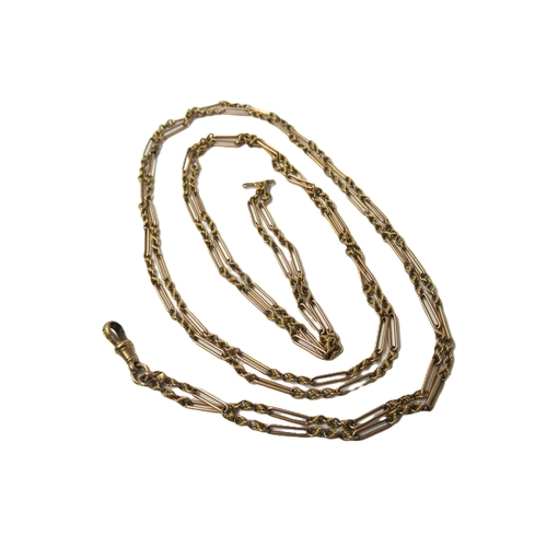 597 - 9ct Gold guard chain of alternating elongated link design with clip, 27.5g