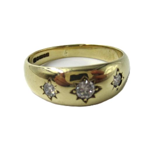 607 - 9ct Gold three stone diamond gypsy set ring, 3.5g