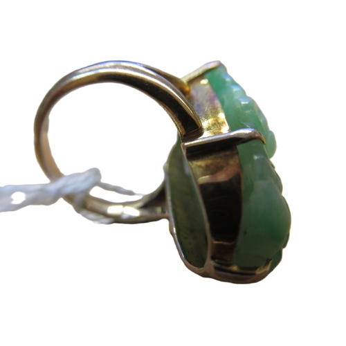 619A - 9ct Yellow gold mounted ring set with pierced and floral carved jade, size 'J'