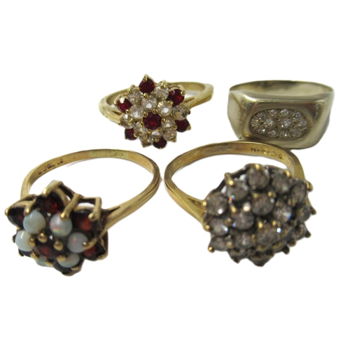 652 - 14ct Gold dress ring, 3gm, together with two 9ct gold cluster rings, 5.2gm, and a similar unmarked y... 