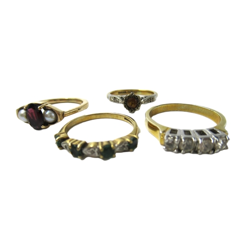 653 - Small 18ct gold and platinum ring, 2.3gm, two 9ct gold dress rings, 4.5gm, and an unmarked yellow me... 