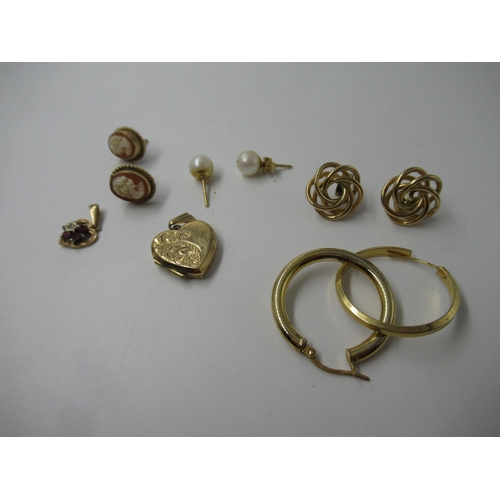 659 - 9ct Gold locket, small 9ct gold gem set locket, two pairs of gold hoop earrings, pair of cameo earri... 