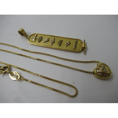 663 - Egyptian yellow metal pendant, together with a modern 18ct gold box link chain with attached unmarke... 