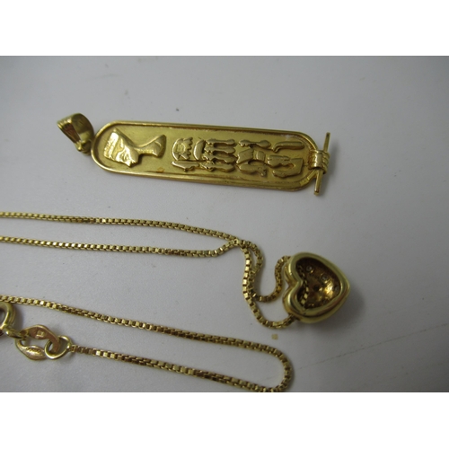 663 - Egyptian yellow metal pendant, together with a modern 18ct gold box link chain with attached unmarke... 