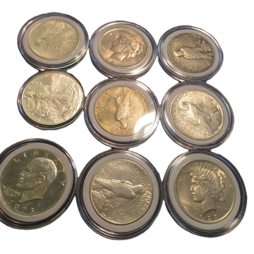 674 - 1oz Fine silver U.S. one dollar coin, together with eight other various 20th Century one dollar coin... 