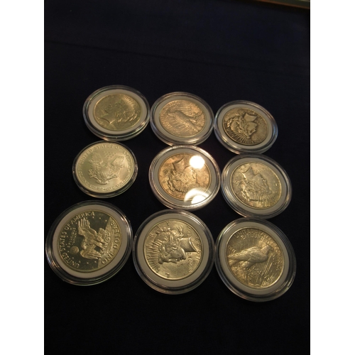 674 - 1oz Fine silver U.S. one dollar coin, together with eight other various 20th Century one dollar coin... 