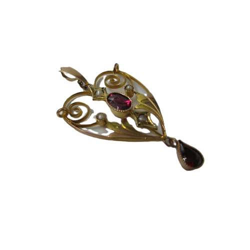 684 - 9ct Gold garnet and split pearl pendant of Art Nouveau design