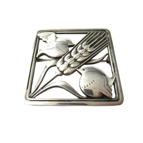 693 - Georg Jensen silver square brooch in the form of two birds with wheat, in a later Georg Jensen box