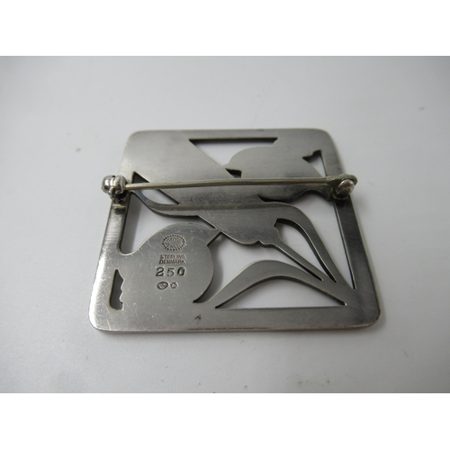 693 - Georg Jensen silver square brooch in the form of two birds with wheat, in a later Georg Jensen box