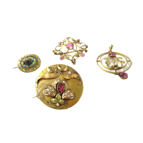 696 - 19th Century circular yellow gold split seed pearl and garnet set brooch, another smaller similar ov... 