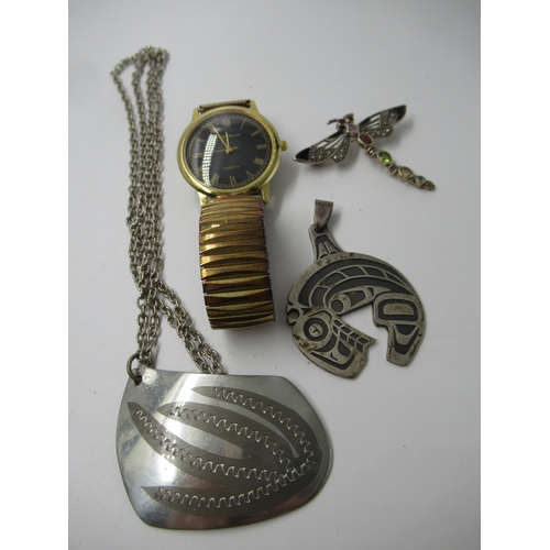 697 - Philip Mercier gold plated quartz wristwatch, two Inuit pendants, and a silver gemstone set brooch i... 