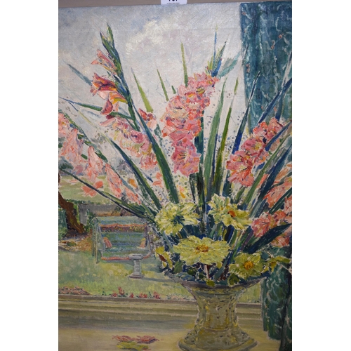 707 - Josephine Ghilchik, oil on canvas, still life of gladioli and other flowers in a vase before a windo... 