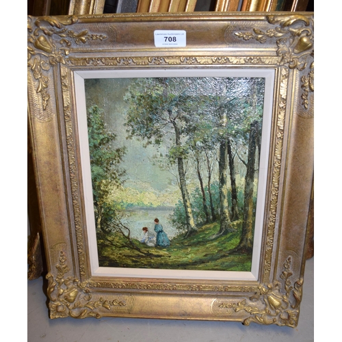 708 - Oil on canvas, figures before a lake in woodland, indistinctly signed, gilt framed, 29 x 24cm