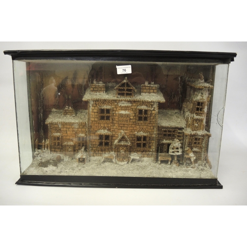 76 - 19th Century cork diorama of a farmhouse in a winter landscape, in a three glass case, 62cm wide