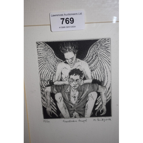 769 - Small Limited Edition black and white etching, no. 33 of 50, ' Guardian Angel ',  signed Martin Ridg... 