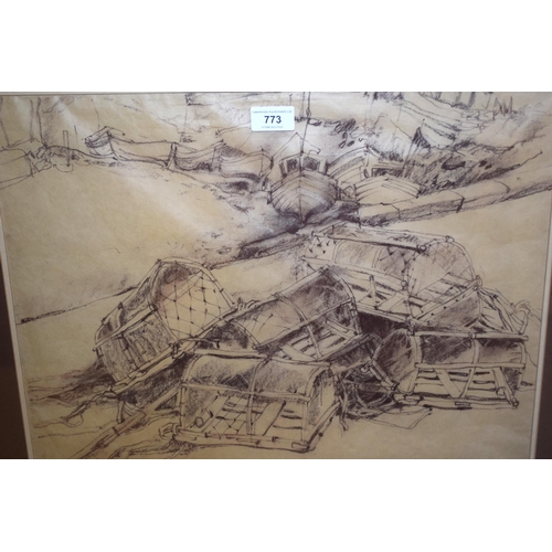 773 - Jean B. Martin, sepia sketch, ' The Harbour ', signed, 39 x 50cm, framed