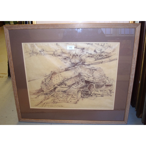 773 - Jean B. Martin, sepia sketch, ' The Harbour ', signed, 39 x 50cm, framed