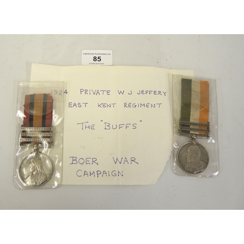 85 - Boer War two medal group to 1924 Private W.J. Jeffery, East Kent regiment, comprising a Queen's Sout... 