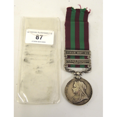 87 - Victorian Queens India medal with Tirah 1897 / 98 bar and Punjab Frontier bar to 3809 Private G? God... 