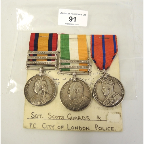 91 - Boer War three medal group to 2725 Sergeant C.H. Scott, Scotts Guards and City of London police comp... 