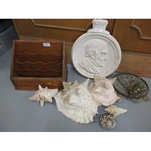 97B - 19th Century desktop stationery box, plaster wall plaque, bag light fitting and a quantity of large ... 