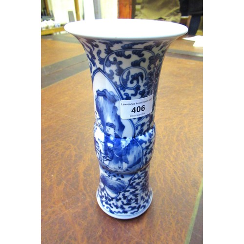 406 - Pair of Chinese cylindrical vases, blue and white decorated, with panels of figures, signed with fou... 