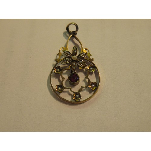 619 - Early 20th Century 9ct gold pearl and garnet drop pendant, together with a silver and enamel decorat... 