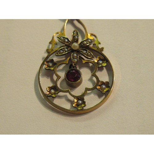 619 - Early 20th Century 9ct gold pearl and garnet drop pendant, together with a silver and enamel decorat... 