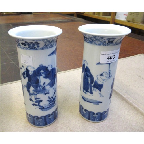 403 - Pair of Chinese porcelain cylindrical flared rim vases, blue and white decorated with figures, signe... 