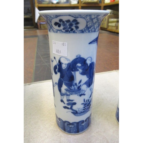 403 - Pair of Chinese porcelain cylindrical flared rim vases, blue and white decorated with figures, signe... 