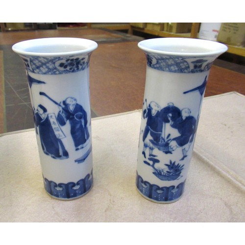 403 - Pair of Chinese porcelain cylindrical flared rim vases, blue and white decorated with figures, signe... 