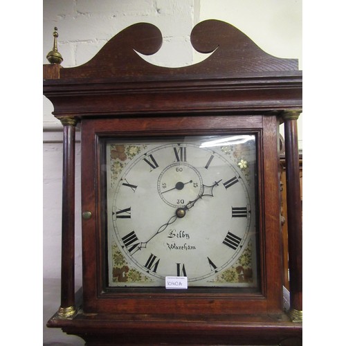 1040A - 19th Century oak and mahogany longcase clock, the square painted dial with Roman numerals and subsid... 