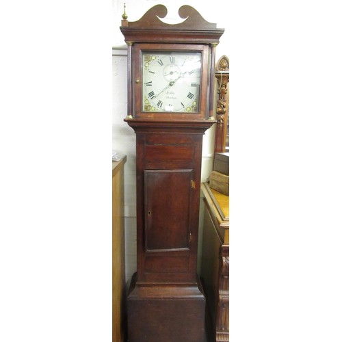 1040A - 19th Century oak and mahogany longcase clock, the square painted dial with Roman numerals and subsid... 