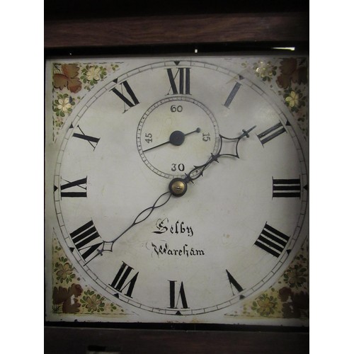 1040A - 19th Century oak and mahogany longcase clock, the square painted dial with Roman numerals and subsid... 