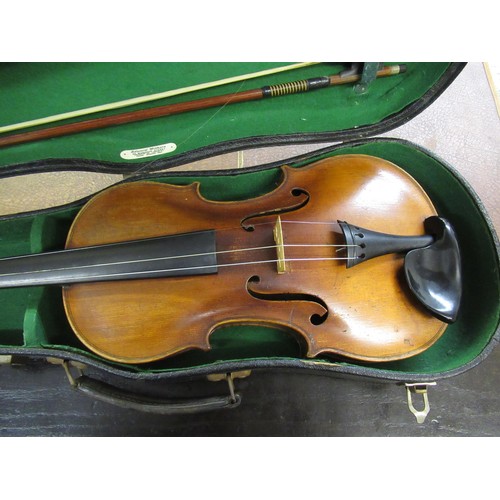 158 - Violin labelled C. Mahillon & Co Copie de Francesco Ruggieri (14in back), together with two bows in ... 