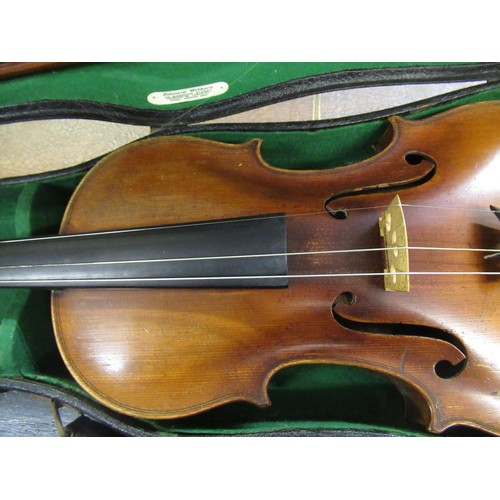 158 - Violin labelled C. Mahillon & Co Copie de Francesco Ruggieri (14in back), together with two bows in ... 