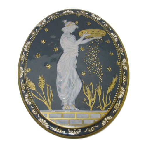 Minton type pate-sur-pate oval plaque decorated with a scene depicting a classically robed female figure sifting hearts, signed D. Bailey, 22.5 x 18.5cm, unmarked