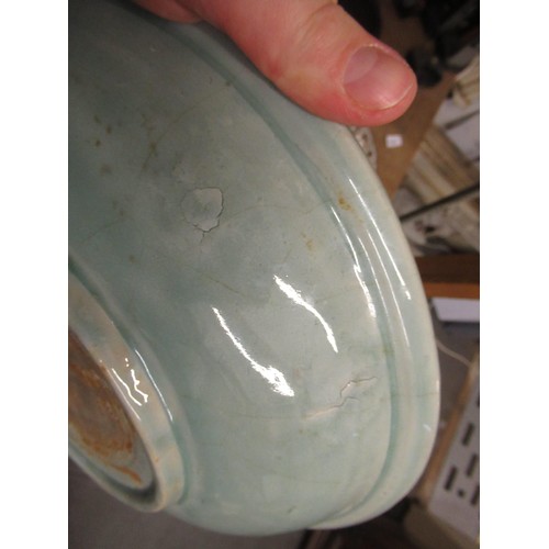 312 - Chinese Celadon circular deep dish with shallow incised decoration, 32cm diameter, with a hardwood s... 