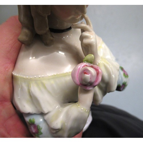 335 - Goebel half doll in the form of a girl with her hair in ringlets studying a rose, 15.5cm high togeth... 