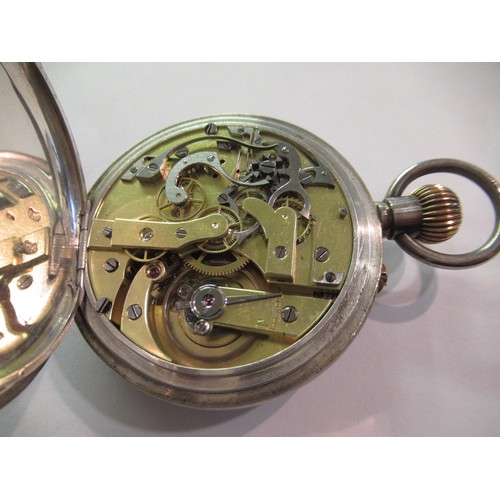 632 - Continental silver open face pocket watch with twin subsidiary dials and stop watch function examine... 