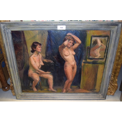 709 - Reginald D.H. Reeve, oil on board, study of two nude females, signed Reeve, in a painted frame, 39 x... 