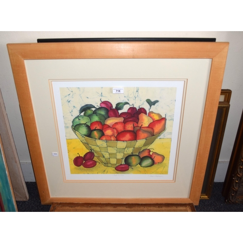 718 - Jane Hickman, signed colour print, bowl of fruit, 40 x 42cm, mixed media study of buildings beside a... 