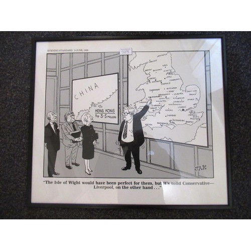 729 - Group of six framed political cartoons featuring Sir Bernard Ingham, Margaret Thatcher and others, t... 