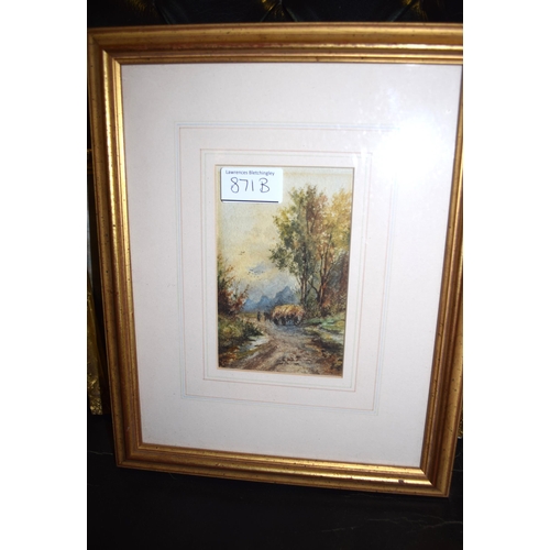 871B - 19th Century watercolour, haycart on a wooded lane, unsigned, gilt framed, 13 x 8cm