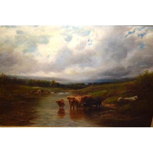 932 - Robert Watson, pair of oil paintings on canvas, sheep and cattle in highland landscapes, signed, 39 ... 