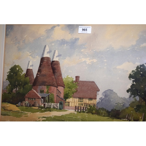 965 - C.V. Parker, watercolour, view of a timber framed building and oast houses and a small pair of circu... 