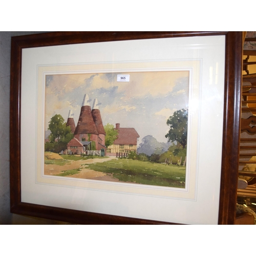 965 - C.V. Parker, watercolour, view of a timber framed building and oast houses and a small pair of circu... 